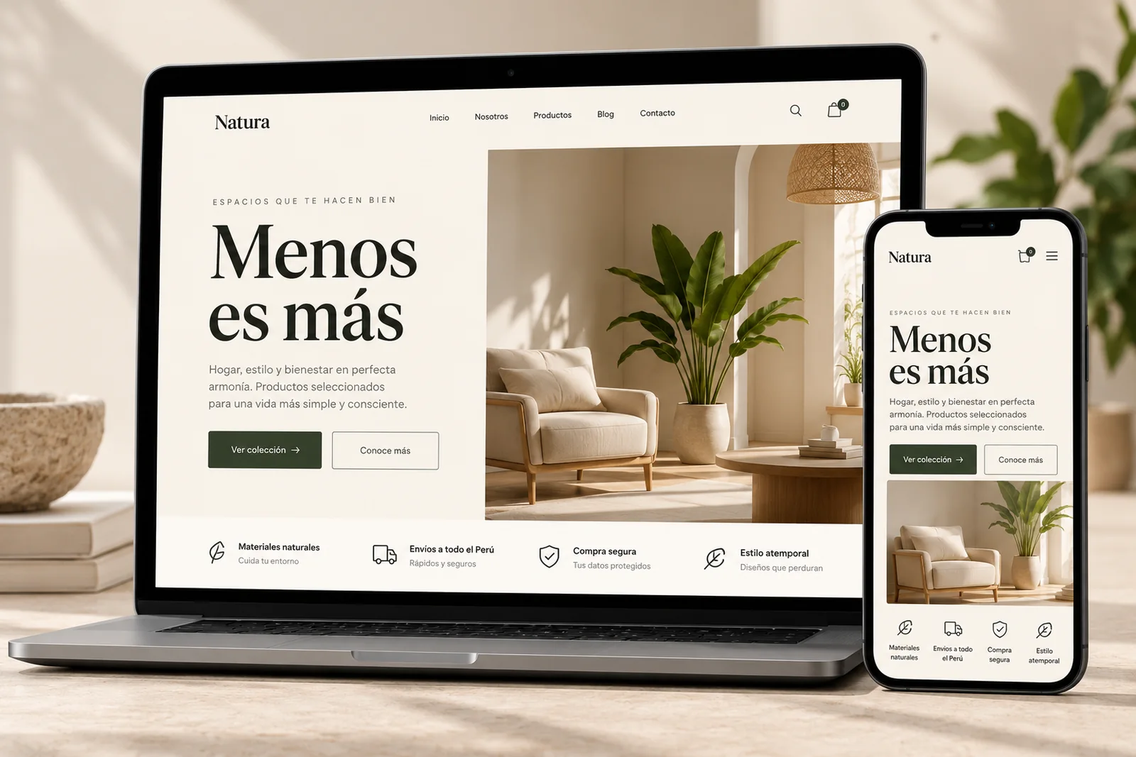 Boceto conceptual de página web estilo Minimalista, mostrado en portátil y móvil