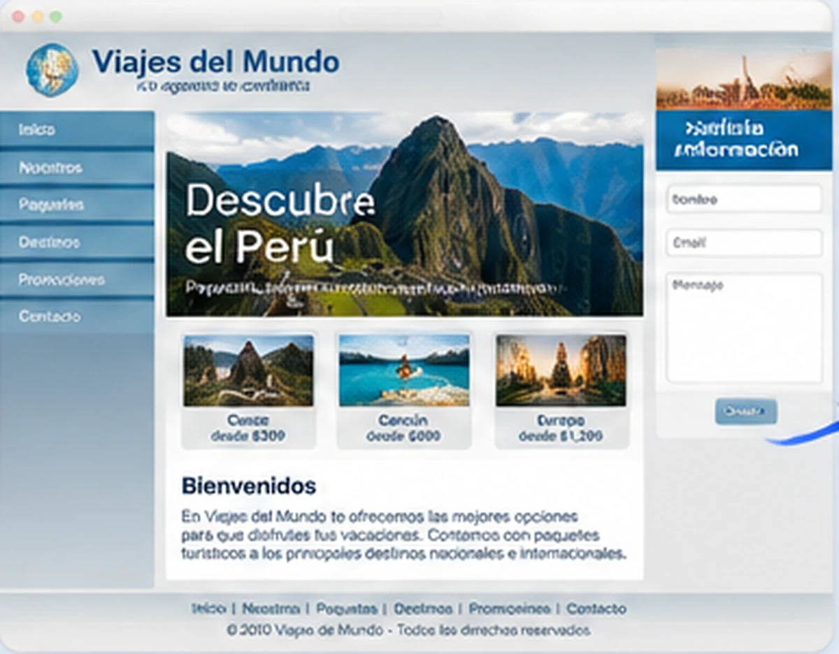 Diseño anterior de Viajes del Mundo: sitio recargado, con navegación lateral y poca jerarquía visual.