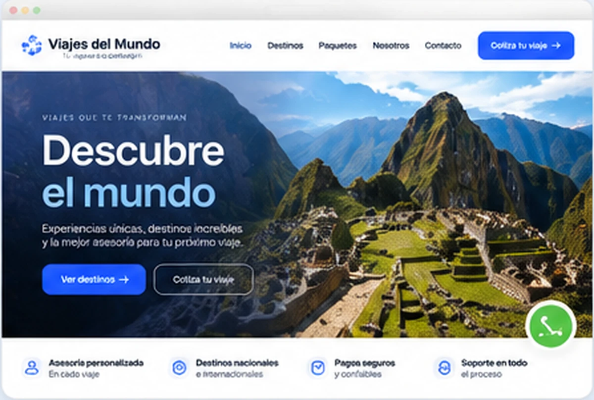 Rediseño de Viajes del Mundo: sitio moderno con una fotografía protagonista de Machu Picchu, navegación clara y botones de acción visibles.